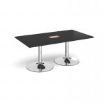Trumpet base rectangular boardroom table 1800mm x 1000mm with central cutout 272mm x 132mm - chrome base, black top TB18-CO-C-BK