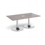 Trumpet base rectangular boardroom table 1800mm x 1000mm with central cutout 272mm x 132mm - chrome base, grey oak top TB18-CO-C-GO