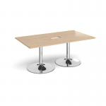 Trumpet base rectangular boardroom table 1800mm x 1000mm with central cutout 272mm x 132mm - chrome base, kendal oak top TB18-CO-C-KO