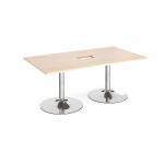 Trumpet base rectangular boardroom table 1800mm x 1000mm with central cutout 272mm x 132mm - chrome base and maple top