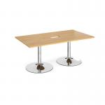 Trumpet base rectangular boardroom table 1800mm x 1000mm with central cutout 272mm x 132mm - chrome base and oak top TB18-CO-C-O