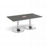 Trumpet base rectangular boardroom table 1800mm x 1000mm with central cutout 272mm x 132mm - chrome base, onyx grey top TB18-CO-C-OG