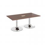 Trumpet base rectangular boardroom table 1800mm x 1000mm with central cutout 272mm x 132mm - chrome base and walnut top