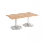 Trumpet base rectangular boardroom table 1800mm x 1000mm with central cutout 272mm x 132mm - silver base and beech top
