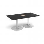 Trumpet base rectangular boardroom table 1800mm x 1000mm with central cutout 272mm x 132mm - silver base, black top TB18-CO-S-BK