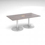 Trumpet base rectangular boardroom table 1800mm x 1000mm with central cutout 272mm x 132mm - silver base and grey oak top