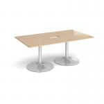 Trumpet base rectangular boardroom table 1800mm x 1000mm with central cutout 272mm x 132mm - silver base, kendal oak top TB18-CO-S-KO