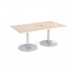 Trumpet base rectangular boardroom table 1800mm x 1000mm with central cutout 272mm x 132mm - silver base and maple top