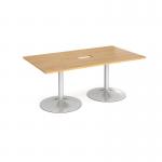 Trumpet base rectangular boardroom table 1800mm x 1000mm with central cutout 272mm x 132mm - silver base and oak top