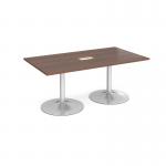 Trumpet base rectangular boardroom table 1800mm x 1000mm with central cutout 272mm x 132mm - silver base and walnut top