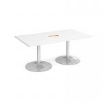 Trumpet base rectangular boardroom table 1800mm x 1000mm with central cutout 272mm x 132mm - silver base and white top