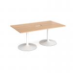 Trumpet base rectangular boardroom table 1800mm x 1000mm with central cutout 272mm x 132mm - white base and beech top