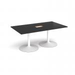 Trumpet base rectangular boardroom table 1800mm x 1000mm with central cutout 272mm x 132mm - white base, black top TB18-CO-WH-BK