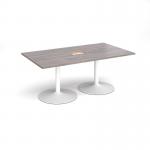 Trumpet base rectangular boardroom table 1800mm x 1000mm with central cutout 272mm x 132mm - white base and grey oak top