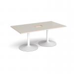 Trumpet base rectangular boardroom table 1800mm x 1000mm with central cutout 272mm x 132mm - white base, light grey top TB18-CO-WH-LG
