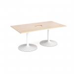 Trumpet base rectangular boardroom table 1800mm x 1000mm with central cutout 272mm x 132mm - white base and maple top