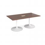 Trumpet base rectangular boardroom table 1800mm x 1000mm with central cutout 272mm x 132mm - white base and walnut top