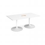 Trumpet base rectangular boardroom table 1800mm x 1000mm with central cutout 272mm x 132mm - white base and white top