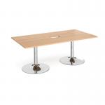 Trumpet base rectangular boardroom table 2000mm x 1000mm with central cutout 272mm x 132mm - chrome base and beech top