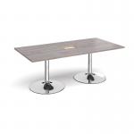 Trumpet base rectangular boardroom table 2000mm x 1000mm with central cutout 272mm x 132mm - chrome base, grey oak top TB20-CO-C-GO