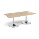Trumpet base rectangular boardroom table 2000mm x 1000mm with central cutout 272mm x 132mm - chrome base, kendal oak top TB20-CO-C-KO