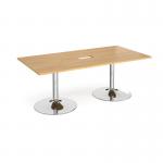 Trumpet base rectangular boardroom table 2000mm x 1000mm with central cutout 272mm x 132mm - chrome base and oak top
