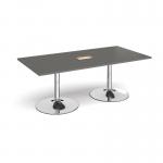 Trumpet base rectangular boardroom table 2000mm x 1000mm with central cutout 272mm x 132mm - chrome base, onyx grey top TB20-CO-C-OG