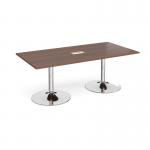Trumpet base rectangular boardroom table 2000mm x 1000mm with central cutout 272mm x 132mm - chrome base and walnut top