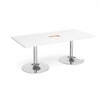 Trumpet base rectangular boardroom table 2000mm x 1000mm with central cutout 272mm x 132mm - chrome base, white top TB20-CO-C-WH