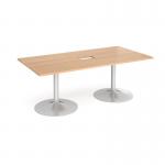 Trumpet base rectangular boardroom table 2000mm x 1000mm with central cutout 272mm x 132mm - silver base and beech top