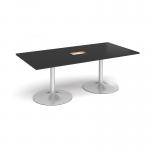 Trumpet base rectangular boardroom table 2000mm x 1000mm with central cutout 272mm x 132mm - silver base, black top TB20-CO-S-BK