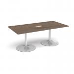 Trumpet base rectangular boardroom table 2000mm x 1000mm with central cutout 272mm x 132mm - silver base, Barcelona walnut top TB20-CO-S-BW