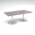 Trumpet base rectangular boardroom table 2000mm x 1000mm with central cutout 272mm x 132mm - silver base and grey oak top