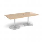 Trumpet base rectangular boardroom table 2000mm x 1000mm with central cutout 272mm x 132mm - silver base, kendal oak top TB20-CO-S-KO