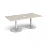 Trumpet base rectangular boardroom table 2000mm x 1000mm with central cutout 272mm x 132mm - silver base, light grey top TB20-CO-S-LG