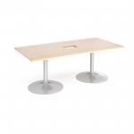 Trumpet base rectangular boardroom table 2000mm x 1000mm with central cutout 272mm x 132mm - silver base and maple top