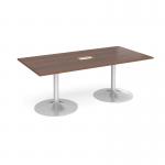 Trumpet base rectangular boardroom table 2000mm x 1000mm with central cutout 272mm x 132mm - silver base and walnut top
