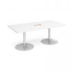 Trumpet base rectangular boardroom table 2000mm x 1000mm with central cutout 272mm x 132mm - silver base and white top