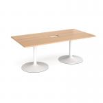 Trumpet base rectangular boardroom table 2000mm x 1000mm with central cutout 272mm x 132mm - white base and beech top