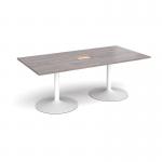 Trumpet base rectangular boardroom table 2000mm x 1000mm with central cutout 272mm x 132mm - white base and grey oak top