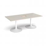 Trumpet base rectangular boardroom table 2000mm x 1000mm with central cutout 272mm x 132mm - white base, light grey top TB20-CO-WH-LG