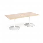 Trumpet base rectangular boardroom table 2000mm x 1000mm with central cutout 272mm x 132mm - white base and maple top TB20-CO-WH-M