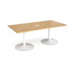 Trumpet base rectangular boardroom table 2000mm x 1000mm with central cutout 272mm x 132mm - white base and oak top