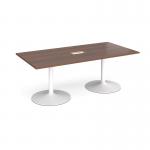 Trumpet base rectangular boardroom table 2000mm x 1000mm with central cutout 272mm x 132mm - white base and walnut top