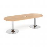 Trumpet base radial end boardroom table 2400mm x 1000mm with central cutout 272mm x 132mm - chrome base and beech top