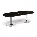 Trumpet base radial end boardroom table 2400mm x 1000mm with central cutout 272mm x 132mm - chrome base, black top TB24-CO-C-BK