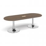 Trumpet base radial end boardroom table 2400mm x 1000mm with central cutout 272mm x 132mm - chrome base, Barcelona walnut top TB24-CO-C-BW