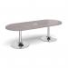 Trumpet base radial end boardroom table 2400mm x 1000mm with central cutout 272mm x 132mm - chrome base, grey oak top TB24-CO-C-GO