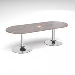 Trumpet base radial end boardroom table 2400mm x 1000mm with central cutout 272mm x 132mm - chrome base and grey oak top