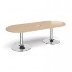 Trumpet base radial end boardroom table 2400mm x 1000mm with central cutout 272mm x 132mm - chrome base, kendal oak top TB24-CO-C-KO